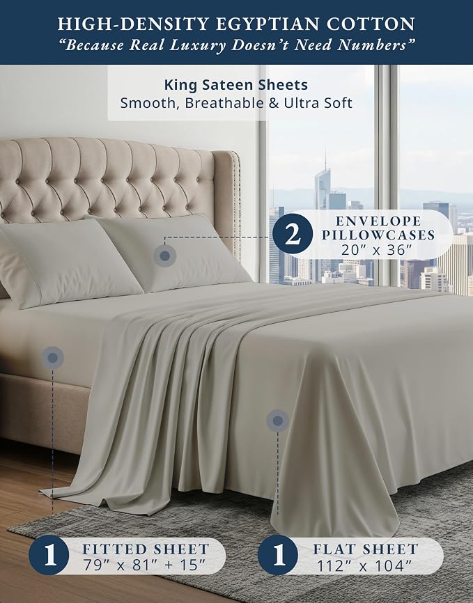 LANE LINEN King Bed Sheets 100% Egyptian Cotton Sateen - Silver | Deep Pocket King Sheet Set - 4-Piece Set, For A Luxurious Night's Sleep, For Guests And Everyday Use, Luxe Sheen