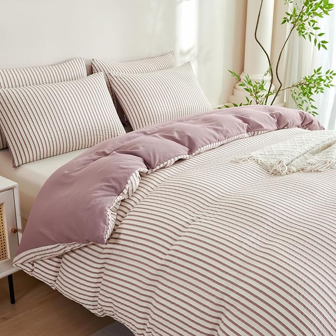 Comforter Set King Purple Soft Luxury Washed Microfiber Jacquard 3 Pieces Bedding, White Grayish Purple Vertical Ticking Stripes Pattern Comforter with 2 Pillowcases Breathable Durable Comfy