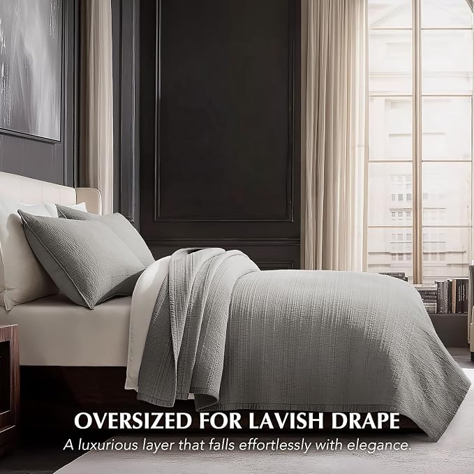 EVERGRACEHOME Cotton Sateen Channel Quilt Set, Queen Size, Fog Gray | 100% Cotton, Pre-Washed Soft Coverlet Bedspread, 3-Piece Refined Channel Stitch Bedding Set for All Season, 2 Pillow Shams
