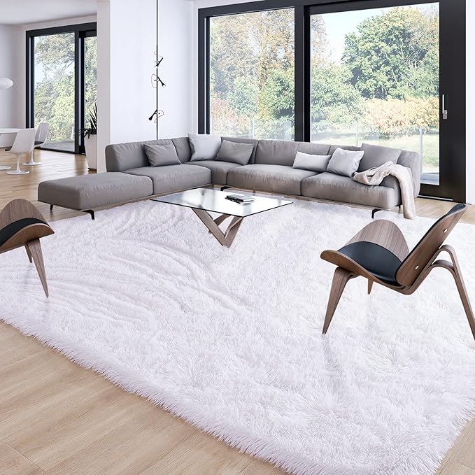 Soft Modern Indoor Large Shaggy Rug for Livingroom Bedroom Dorm Kids Room Home Decor, Non-Slip Plush Fluffy Furry Fur Area Rugs Comfy Nursery Accent Floor Carpet 9x12 Feet, White