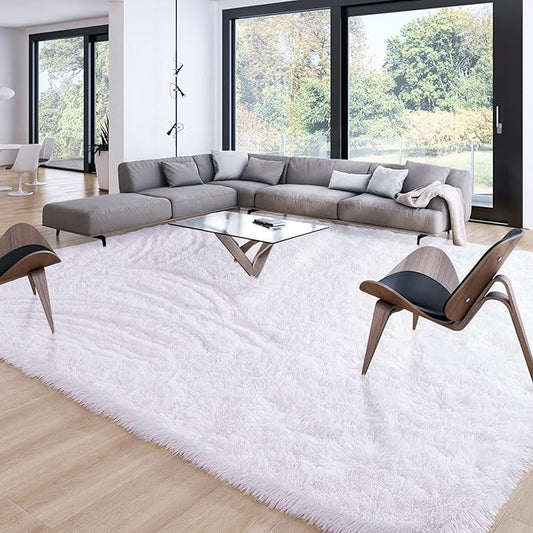 Soft Modern Indoor Large Shaggy Rug for Livingroom Bedroom Dorm Kids Room Home Decor, Non-Slip Plush Fluffy Furry Fur Area Rugs Comfy Nursery Accent Floor Carpet 9x12 Feet, White