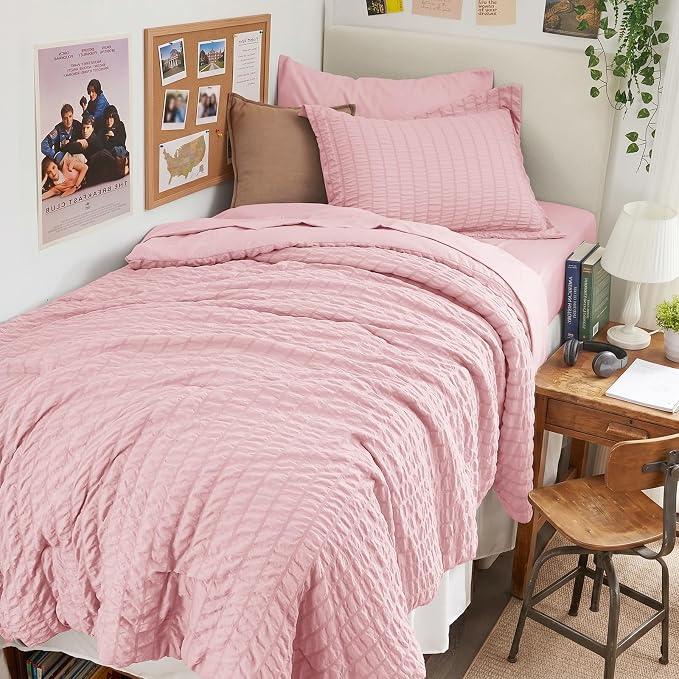 HYMOKEGE Pink Twin XL Comforter Set Seersucker 5 Pieces, All Season Luxury Bed in a Bag for Bedroom, Bedding Set with Comforter, Sheets, Pillowcase & Sham