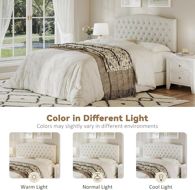 Queen Headboard Only, Linen Classic Tufted Design, Ivory | 2 installation options: 1.bed frame mount 2.wall mount (for adjustable bed), Classic hand-tufted headboard king size