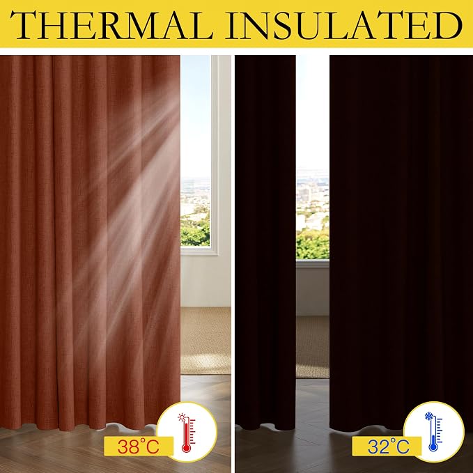 NICETOWN 100% Blackout Linen Curtains 84 inch Long 2 Panels, Rust Orange | Vintage Bedroom Curtains Thermal Insulated, Noise Reducing, Privacy Protection, Halloween Atmosphere Decoration, W52" x L84"