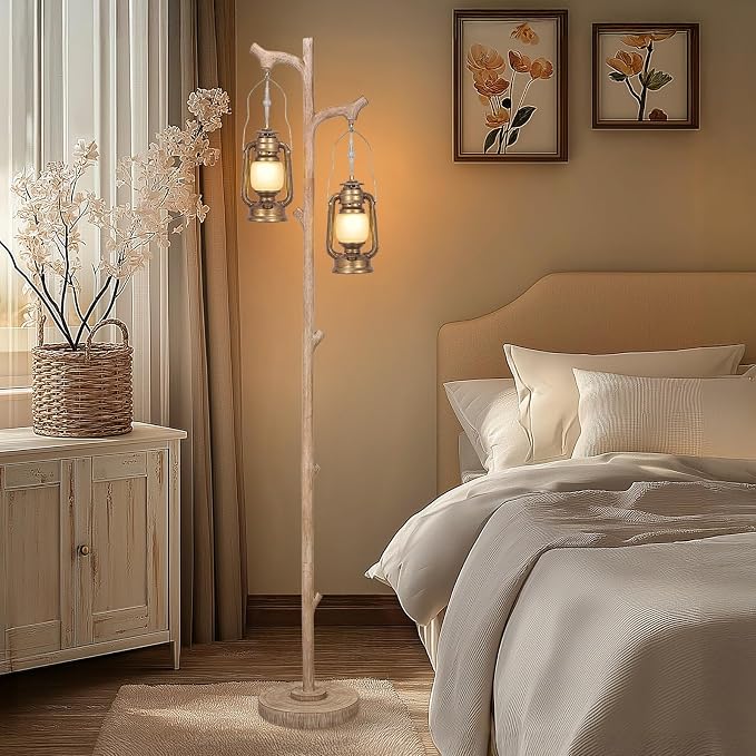 Scenekoy Vintage 68” Tall Resin Floor Lamp with Lanterns, Dimmable | Antiques Tree Trunk Finish Retro Standing Lamp, Stand Up Corner Lamp with Bulb Prefer for Living Room Bedroom Home Decor