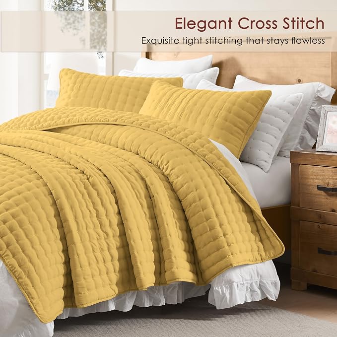 WDCOZY Queen Size Quilts Bedding Sets with 2 Pillow Shams, Lightweight Soft Bedspread Coverlet, Quilted Blanket Thin Comforter Bed Cover for All Season, 3 Pieces, 90x90 inches, Yellow