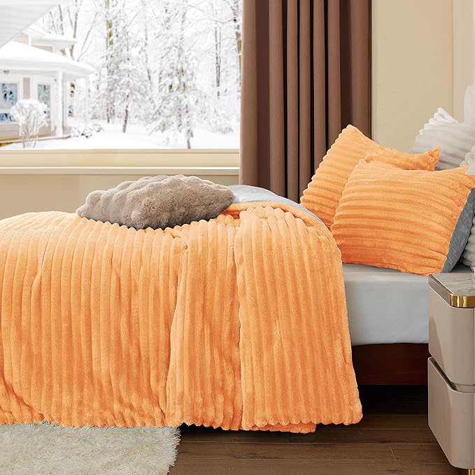 BEDELITE Fleece Queen Comforter Set, Fluffy Bed Set, Coral | Super Soft & Warm Bedding, Luxury Fuzzy Faux Fur Comforter for Winter, Heavy Plush Bedding, with 2 Pillowcases