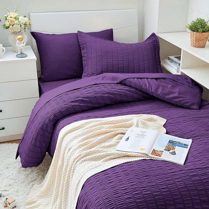 HYMOKEGE Dark Purple Twin XL Comforter Set Seersucker 5 Pieces, All Season Luxury Bed in a Bag for Bedroom, Bedding Set with Comforter, Sheets, Pillowcase & Sham