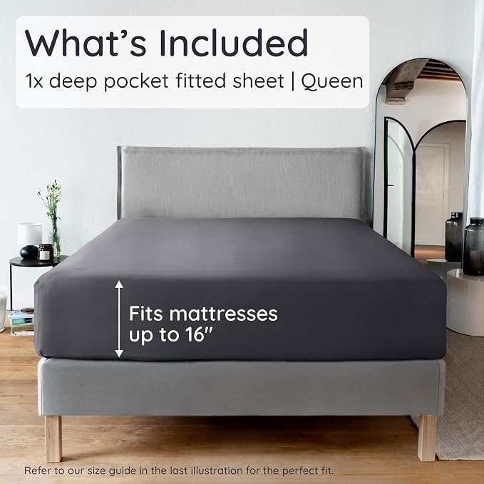 Bambaw 100% Viscose Derived from Bamboo Queen Size Fitted Sheet, Cooling, Deep Pocket, Corner Straps, Charcoal