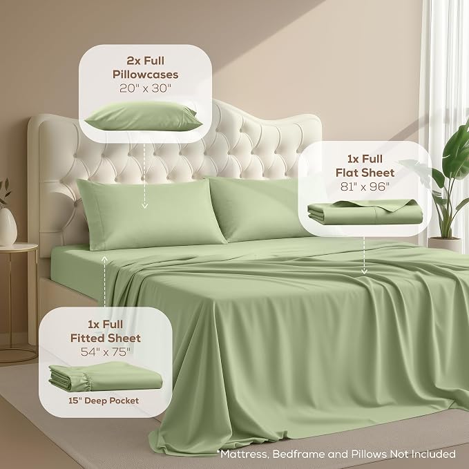 Full Sheets Set, 4 Pieces 16" Deep Pocket Hotel Luxury Bed Sheets, Sage | Extra Soft Bedsheet Set, Comfy & Breathable Cooling Sheets, Wrinkle & Fade Resistant, Fitted Sheet, Flat Sheet, 2 Pillowcases
