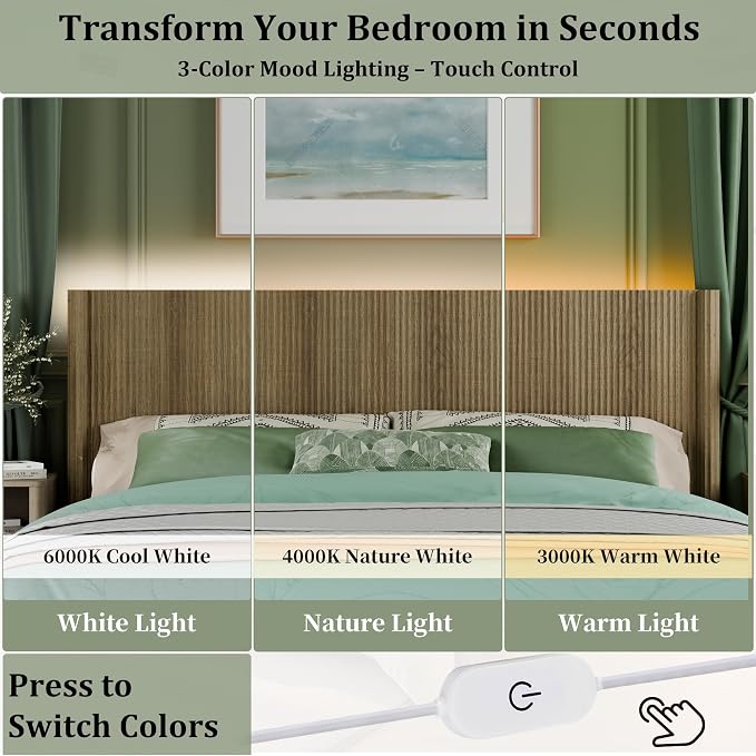 King Size Headboard Only, Modern Fluted Wall-Mounted Head Board with Lighting, Boho Wood Bed headboard Stylish Bedroom Decor, Natural