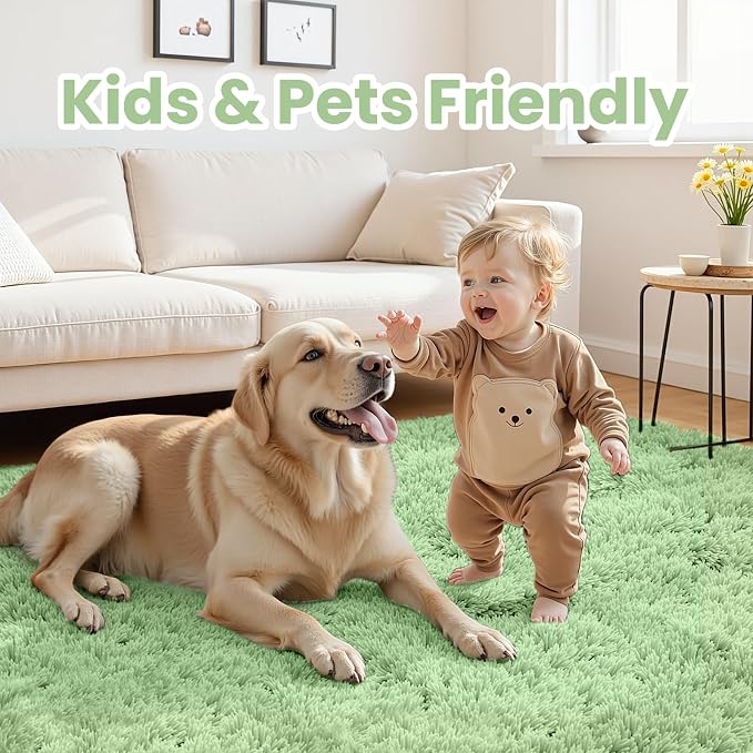 5x7 Fluffy Shag Area Rugs for Living Room Bedroom: Soft Carpet Mint Green | Upgraded Non-Slip Thick Memory Foam, Ultra Soft, Non-Shedding Fuzzy Carpet, Easy Clean Decor for Kids Room, Nursery, Playroom