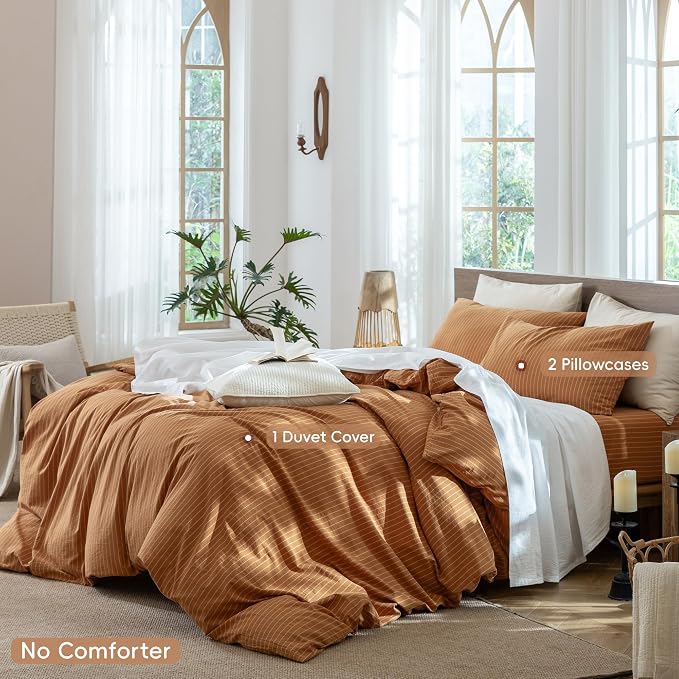 MooMee Striped Duvet Cover Set 100% Washed Cotton Linen Like King | Relaxed Linen-like Texture. Soft, Breathable & Long-lasting Comfort. Lightweight. Hidden Zipper with 8 Interior Corner Ties