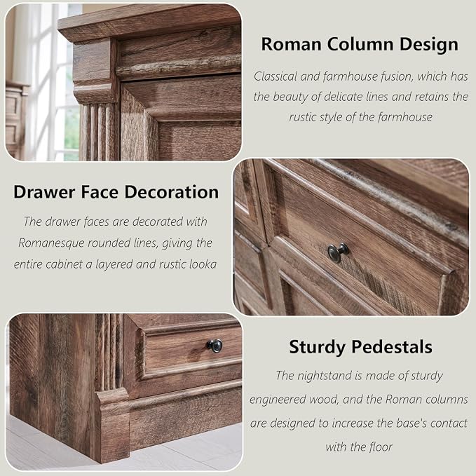 Aitjunz Farmhouse 61" Wide 8 Drawers Dresser for Bedroom, Light Brown | Chests of Drawers w/Roman Column, Large Storage Dressers Organizer w/2 Different Drawer Sizes for Bedroom,Living Room
