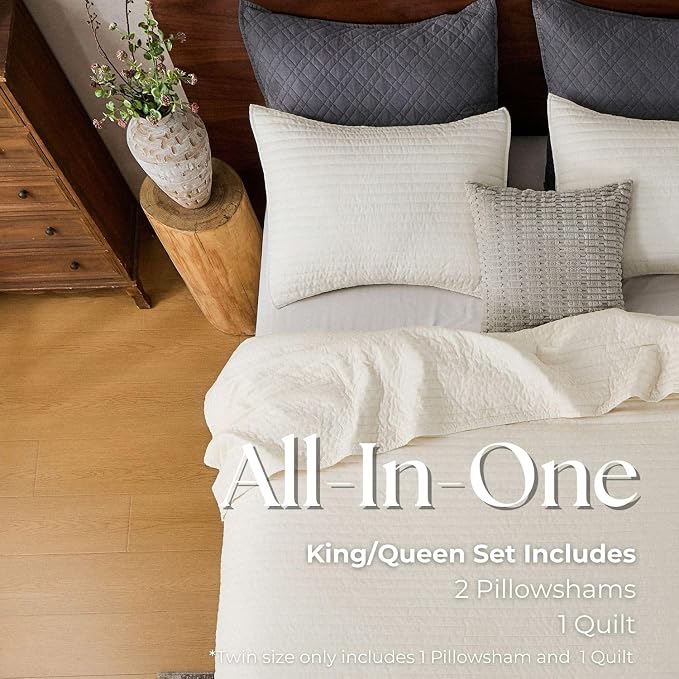 DOWN HOME Queen Quilt Bedding Set with Shams, Vintage Washed Soft Quilted Blanket Thin Comforter Lightweight Bedspread Coverlet Bed Cover, Brushed Microfiber Stripe Stitching, Linen White, 86"x90"