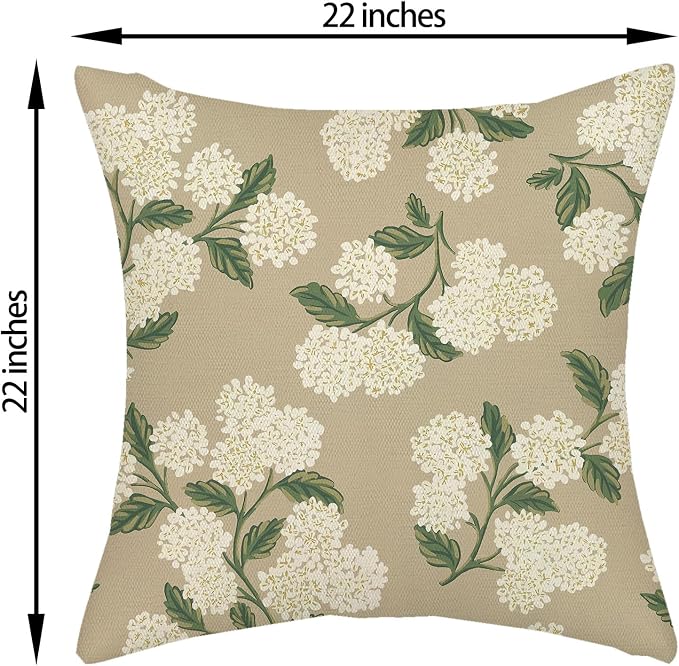 Beige Spring Pillow Covers 22x22 Inch 2 Pcs Khaki Green Hydrangea Flower Decor Throw Pillows Vintage Floral Seasonal Summer Outdoor Decoration Pillowcase Linen Cushion Cover for Couch Sofa