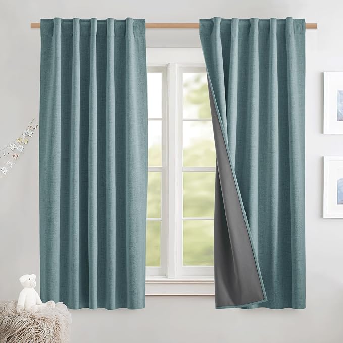 NICETOWN 100% Blackout Curtains for Kitchen 63" L Set of 2, Skylark Blue | Thermal Insulated, Flax Textured, Full Light Blocking Window Draperies for Nursery, Rod Pocket & Back Tab, W42" x L63" Each