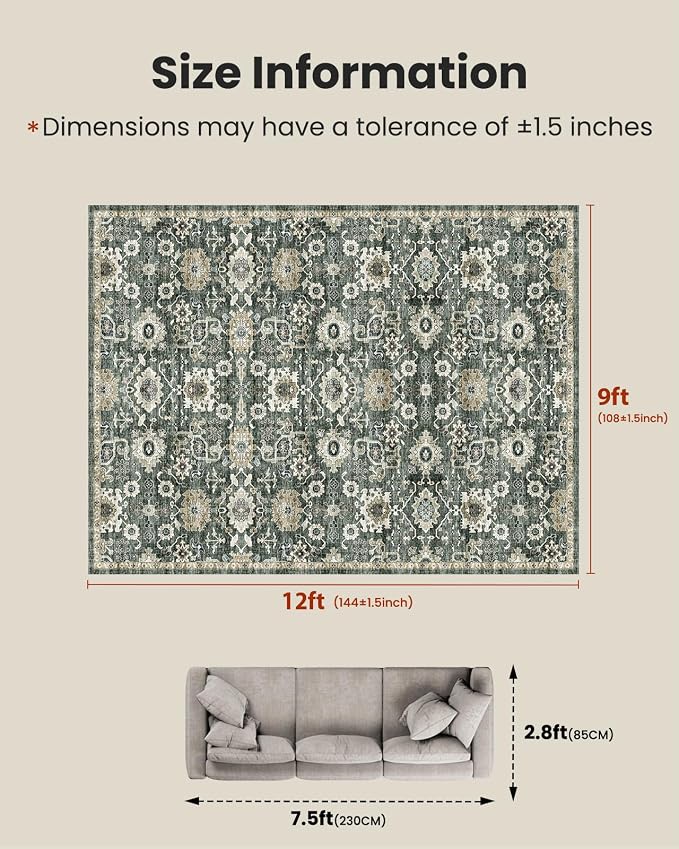 AMADA HOMEFURNISHING 9x12 Washable Area Rug, Low-Profile Large Area Rug with Non-Slip Backing & Durable Edge Binding, Vintage Large Rugs for Living Room, Bedroom & Dining Room
