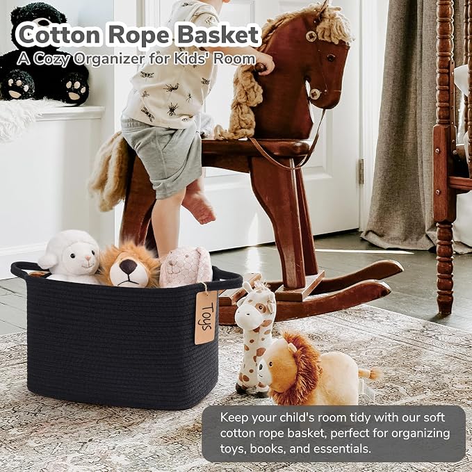 Goodpick Woven Rope Storage Basket for Shelves, Rectangle, Black | 13" × 10" × 9" Stylish Gift Basket for Home Decor, Cotton Rope Baskets for Toys, Towels & Books Storage, Reinforced Handles