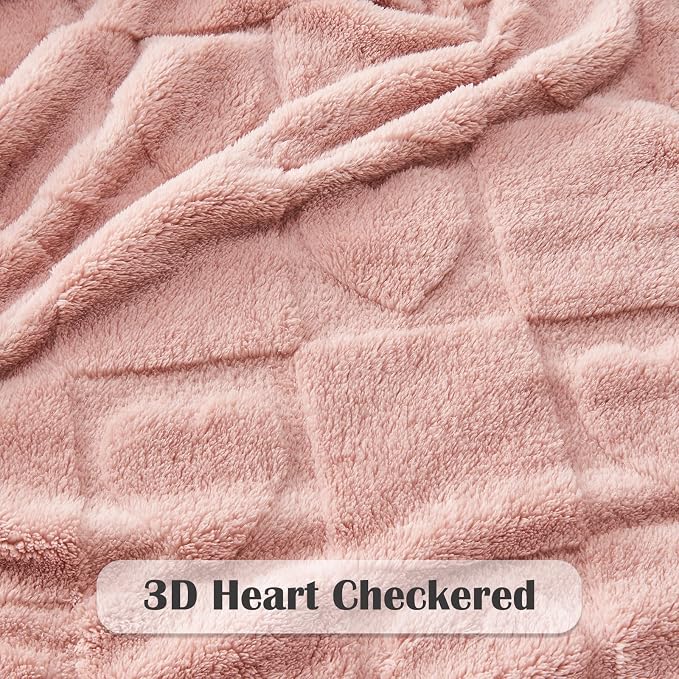 NEWCOSPLAY 3D Heart Checkered Flannel Queen Blanket, Pink Love, 90"x90" | Super Soft Cute Lightweight Decorative Premium Silky Fleece Blanket for Couch Sofa Bed, Gift for Women Men, All Season Use