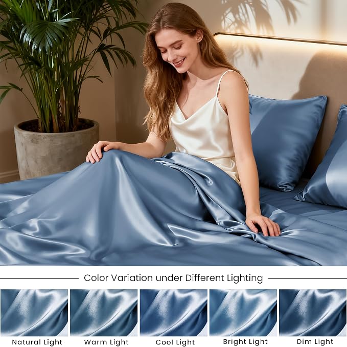 Love's cabin Full Size Satin Sheet Sets - 4 Piece Ash Blue Silky Sheet Set Full with Deep Pocket, Luxury Silk Feel Bed Sheets Full Bedding Set (1 Flat Sheet,1 Fitted Sheet,2 Pillow Cases)