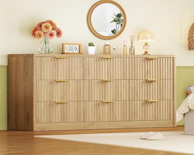 63" Dresser for Bedroom with 9 Drawers, Modern Dressers & Chest of Drawers with Metal Handles, Fluted Dresser, Wood Closet Clothes Storage Organizer for Living Room, Hallway, Natural
