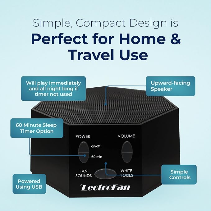 Adaptive Sound Technologies LectroFan Classic Sound Machine, Black | Soothing Sound Machine for Sleep with a Built-in Sleep Timer, Non-Looping Sounds, Speech Privacy and Compact Design