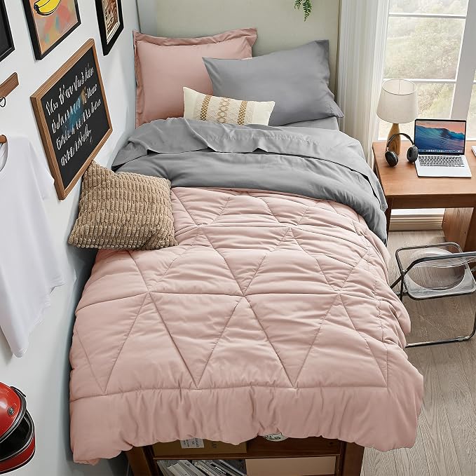 BEDELITE Twin XL Comforter Set 5 Pieces, Reversible Dusty Pink Bed in A Bag | Soft All Season Down-Alternative Comforter, Sheets, Pillowcases & Shams, OEKO-TEX Certified Bedding for Drom Room, College