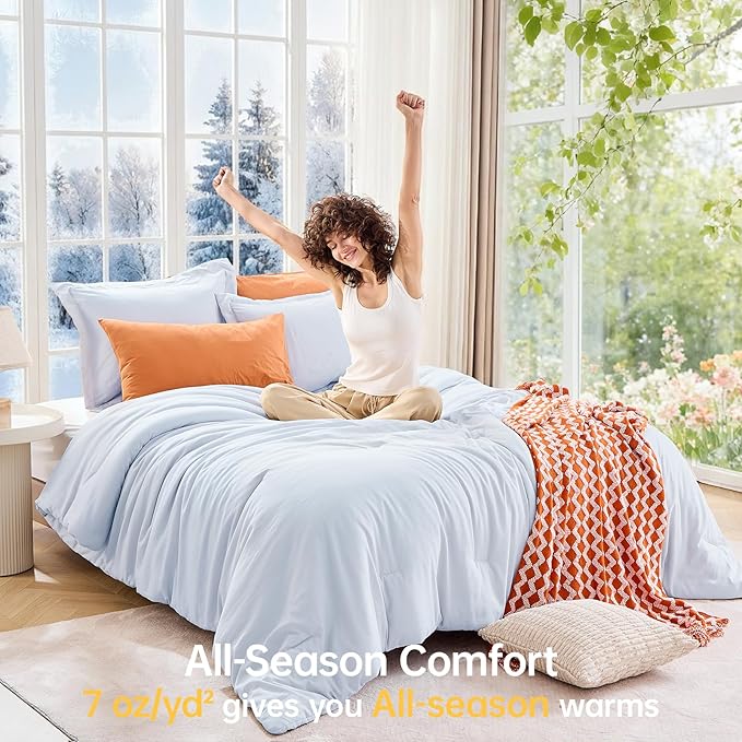Queen Comforter Set, All Season Ultra Soft Down Alternative Bedding - 3 Piece Lightweight Bed Set Includes 1 Comforter (90"x90") and 2 Pillow Shams (20"x26"), Light Blue