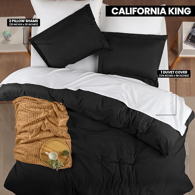 Duvet Cover Cal King, 3 PC Cotton Like PolyesteR, Zipper Closure, Black | Extra Soft and Breathable, Wrinkle & Fade Resistant, Includes Duvet Cover and 2 Pillow Shams, Comforter Not Included, OekoTex