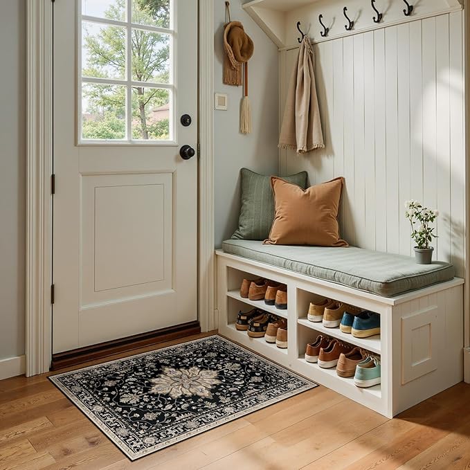 RELEANY Washable Area Rug, Small 2'x3', Black/Neutral | Non-Slip, Water Repellent, Pet Friendly, Easy to Clean, Vintage Floral Boho Decor for Kitchen Entryway Bathroom