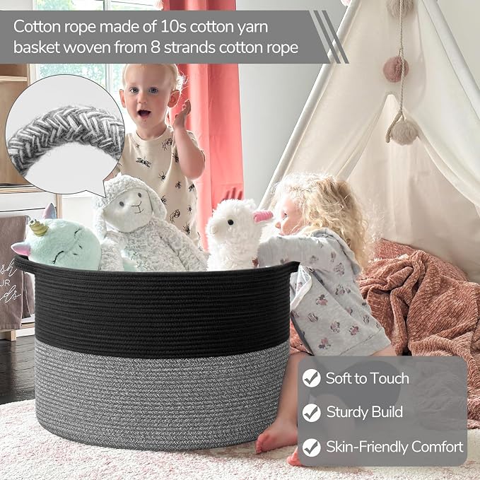 INDRESSME XXXLarge Woven Rope Blanket Basket Living Room Black Grey | 21.7" x 13.8" Storage baskets for toys laundry & pillows. Fits living room bedroom or playroom décor. Soft-touch with handles