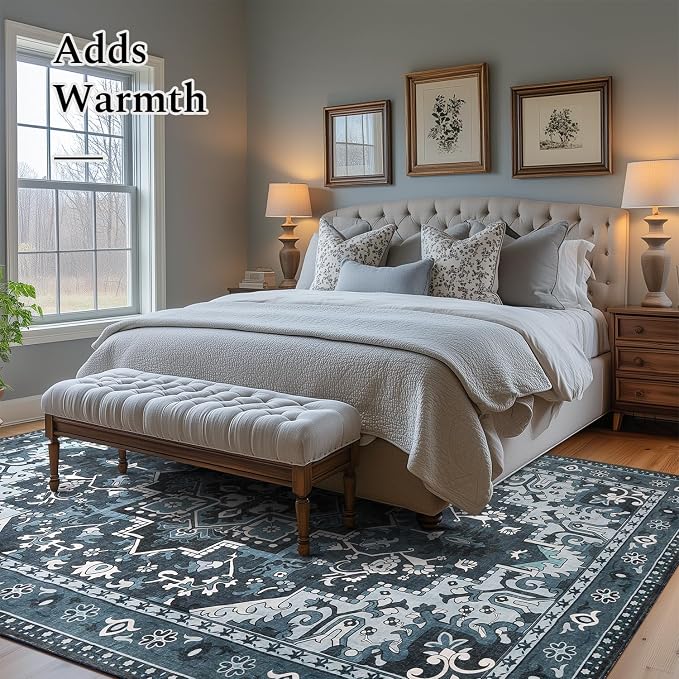 Rugflix 3x5 Entrance Rugs, Washable Dark Navy Blue Entry Small Rug | Machine Washable; Stain-Resistant; Low Pile; Non-Slip; Vintage Farmhouse; Carpet for Entryway Kitchen Hallway Home