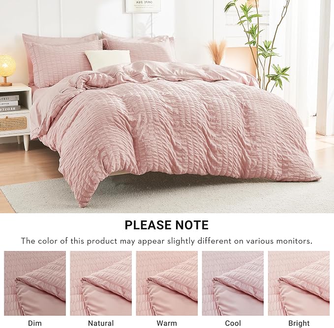 HYMOKEGE Rose Gold California King Comforter Set Seersucker 7 Pieces, All Season Luxury Bed in a Bag Queen for Bedroom, Bedding Set with Comforter, Sheets, Pillowcases & Shams
