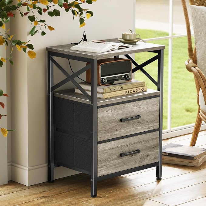 Huuger Nightstand Set of 2 with Charging Station, USB-C Port, End Tables | Night Stand with 2 Drawer Side Table with Open Shelf, Bedside Table for Small Spaces, X Shaped Side Rail, Oak