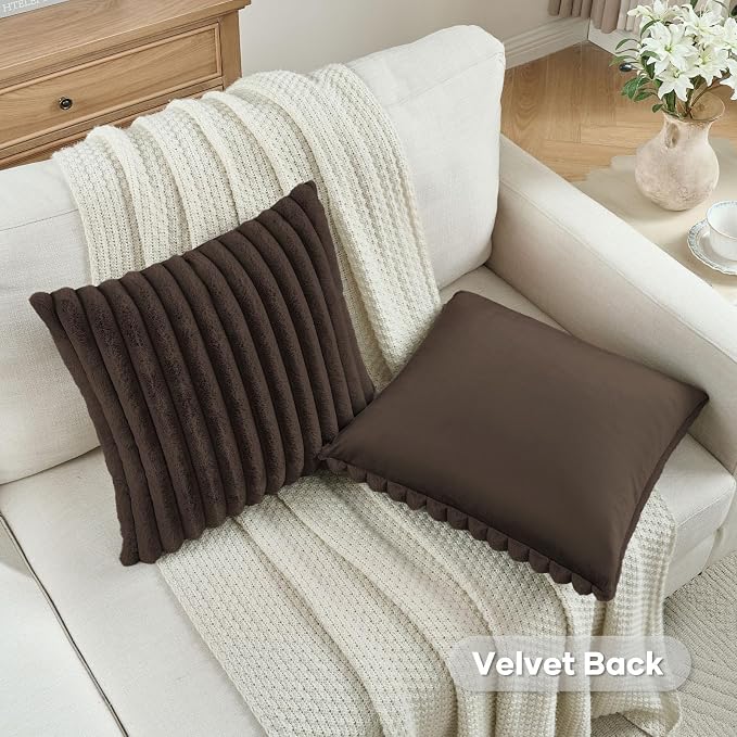 FUTEI Pack of 2 Faux Fur Throw Pillow Covers 18x18 Inch, Dark Coffee | Fluffy Faux Rabbit Fur Front/Premium Velvet Back,Hidden Zipper,Machine Washable,Non-Shedding,Colorfast,Insert Not Included.