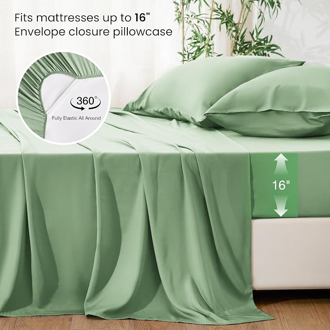 Love's cabin 4 Piece Full Size Sheet Set, 100% Rayon Derived from Bamboo, Cooling & Breathable, Soft Silky Deep Pocket up to 16", Hotel Luxury Bedding for Hot Sleepers, Sage Green