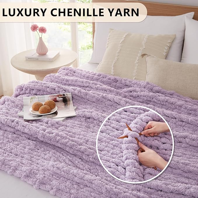 L'AGRATY Chunky Knit Throw Blanket for Couch, 60'' x 80'' Knit Throw, Purple