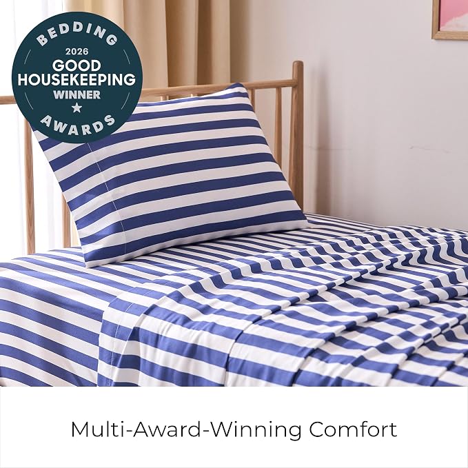 Mellanni Iconic 3-PC, Ultra Soft Sheet Set (Twin, Oxford Stripe Blue Nova) | 10M+ Sleepers. Lab-tested: Sleeps Cool, Stays Bright, Strong, Smooth. Good Housekeeping Best Bedding, 7 yrs running.