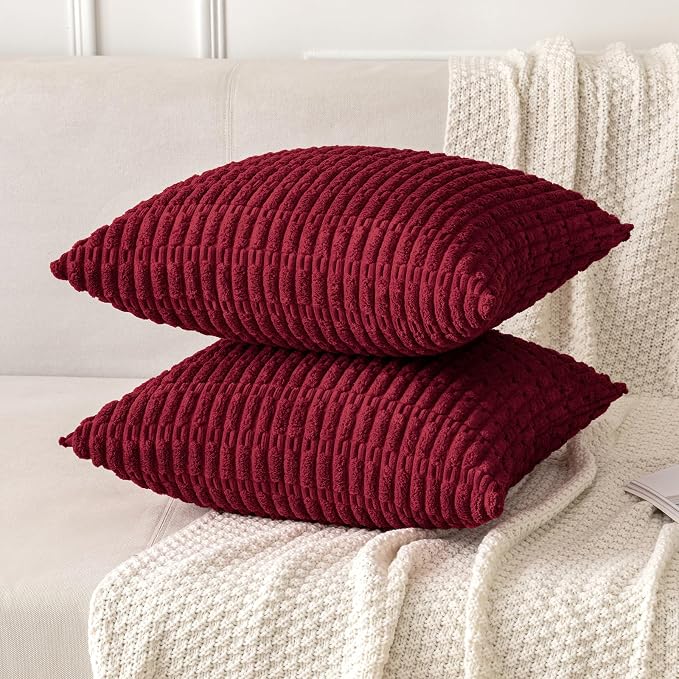 MIULEE Corduroy Decorative Throw Pillow Covers 18x18 Burgundy Pack of 2 | Soft Boho Striped Pillow Covers Modern Farmhouse Home Decor For Sofa Living Room Couch Bed