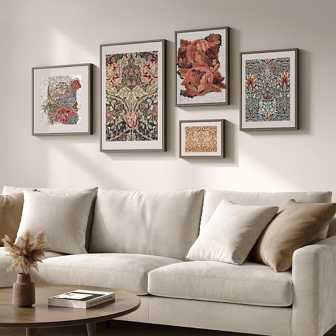 Large Framed William Morris Vintage Wall Art for Living Room, 5 Piece | Fine art, Canvas, Colorful, Botanical, Floral, Aesthetic, Easy to hang, Waterproof, Bedroom/Office/Hallway/Wall decor