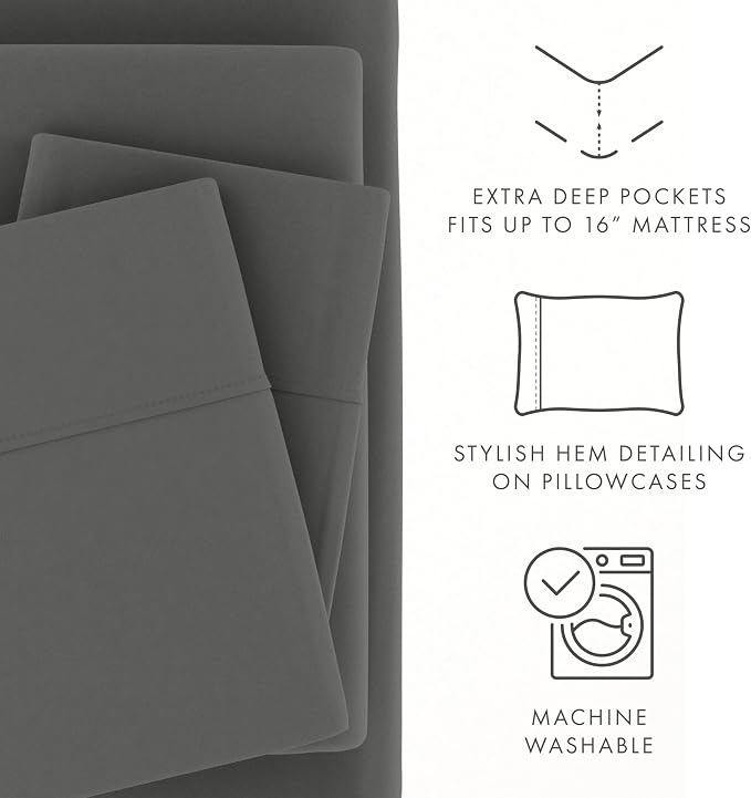 Linen Market Brushed Microfiber Queen Sheet Set 4 Piece – Oeko-TEX Certified Ultra Soft & Wrinkle-Free - 16" Deep Pocket Sheets - Easy Care Queen Size - Gray