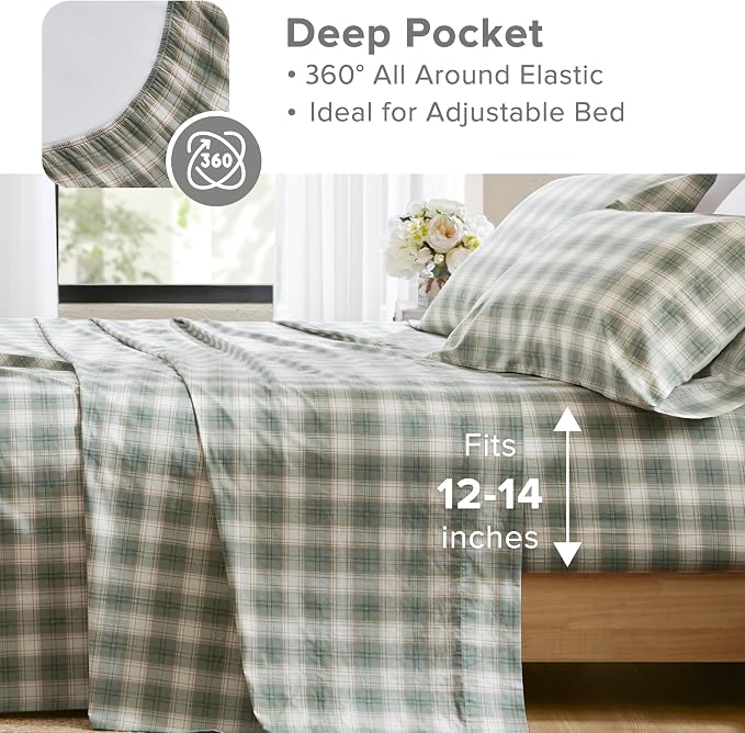 Comfort Spaces 100% Cotton Percale Sheets Twin XL Size 3 Pcs, Wesley Green | Crisp, Cool & Breathable Bed Sheets, 12" Deep Pocket Fits Up to 14" Mattress, Lightweight, All Season Cozy, with Pillow Case