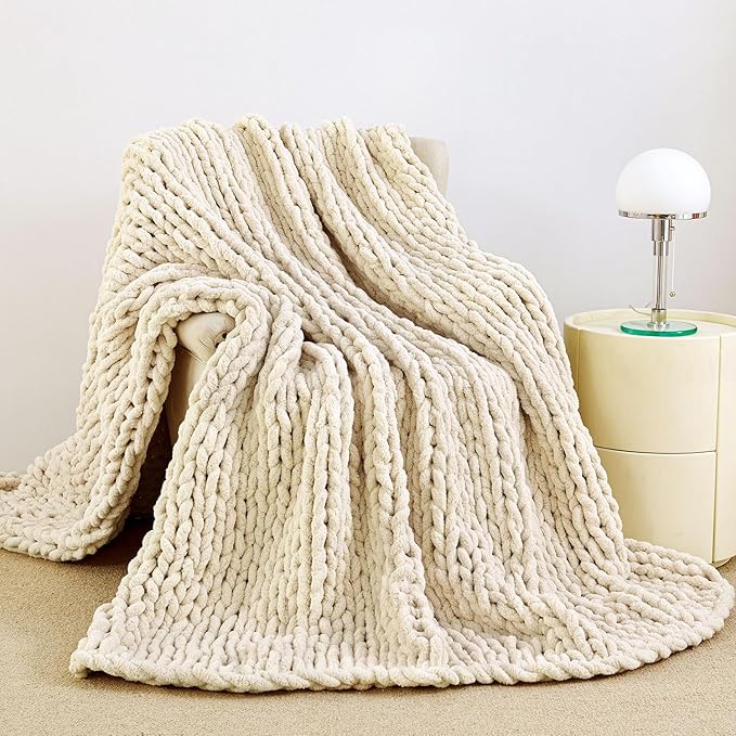Chunky Knit Blanket Throw for Couch, 51"x63" Chunky Yarn Knitted Blankets | 100% Hand Knit Thick Chenille, Soft Breathable for Bed, Sofa, Home Decor, Cozy Gifts for Women Friends, Ivory
