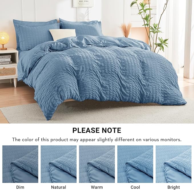 HYMOKEGE Mineral Blue Oversized Queen Comforter Set Seersucker 7 Pieces, All Season Luxury Bed in a Bag for Bedroom, Bedding Set with Comforter, Sheets, Pillowcases & Shams