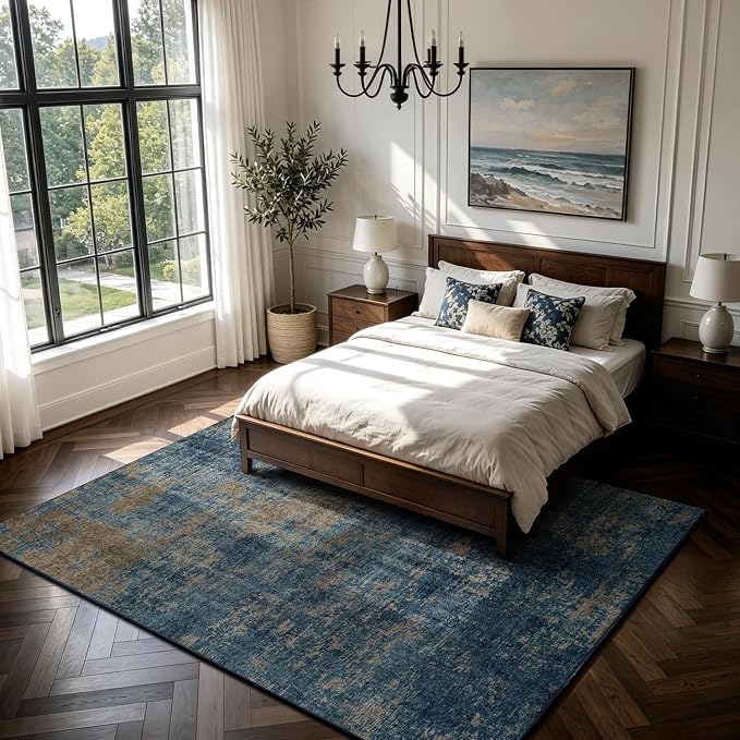 8x10 Washable Area Rug for Living Room,Bedroom,Dining Room,Nursery,Playroom | Ultra Soft,No Creases,Stain Resistant,Non-Slip,Non-Shedding,Machine Washable,Blue Brown Low Pile Carpet for Home Office Decor