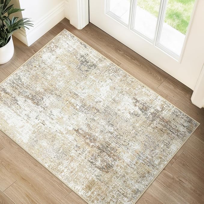 RELEANY Washable 2'x3' Abstract Area Rug for Living Room Neutral Brown | Carpet for Bedroom, Kitchen, Office, Hallway and Entryway, Printed Pattern, Non‑Slip, Soft, Stain‑Resistant, Easy to Clean