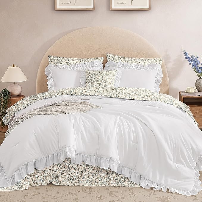 King Size Comforter Set-7 Pieces Ruffle Bedding Floral Sheet | White Bed in a Bag, Soft Lightweight All Season Farmhouse King Size Bedding Sets with Floral Sheets, Pillowcases & Shams