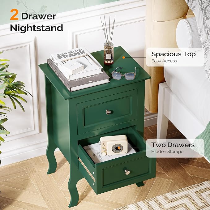 Bonnlo Green Nightstand Set of 2, Small Green Night Stands for Bedroom, Kids Room, Living Room, Wood, 15.75" W x 11.8" D x 23.6" H