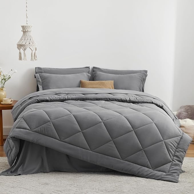Love's cabin Oversized Queen Comforter Set, 7 Pieces Bed in a Bag, All Season Bedding Sets with 1 Comforter, 1 Flat Sheet, 1 Fitted Sheet, 2 Pillowcase and 2 Pillow Sham, Dark Grey